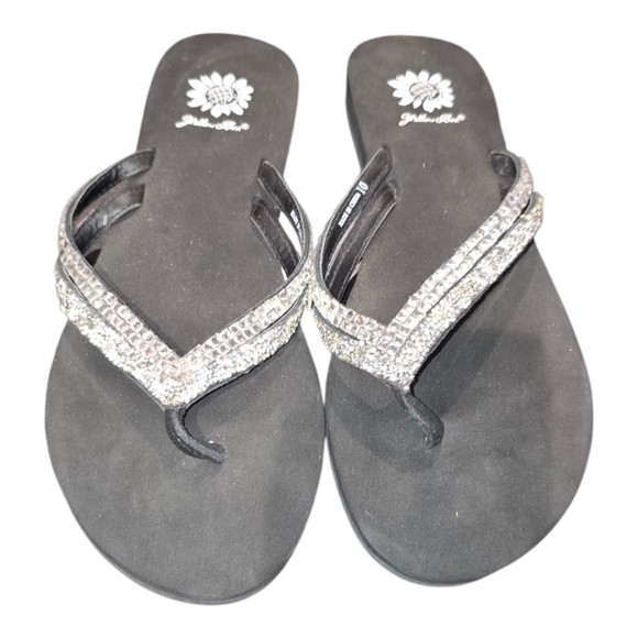 Yellow Box Black Rhinestone Embellished‎ Flip Flops Sandals Size 10 - Picture 2 of 6